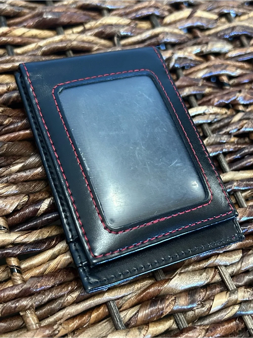GUESS Black Money Clip Card Holder with Red Stitching